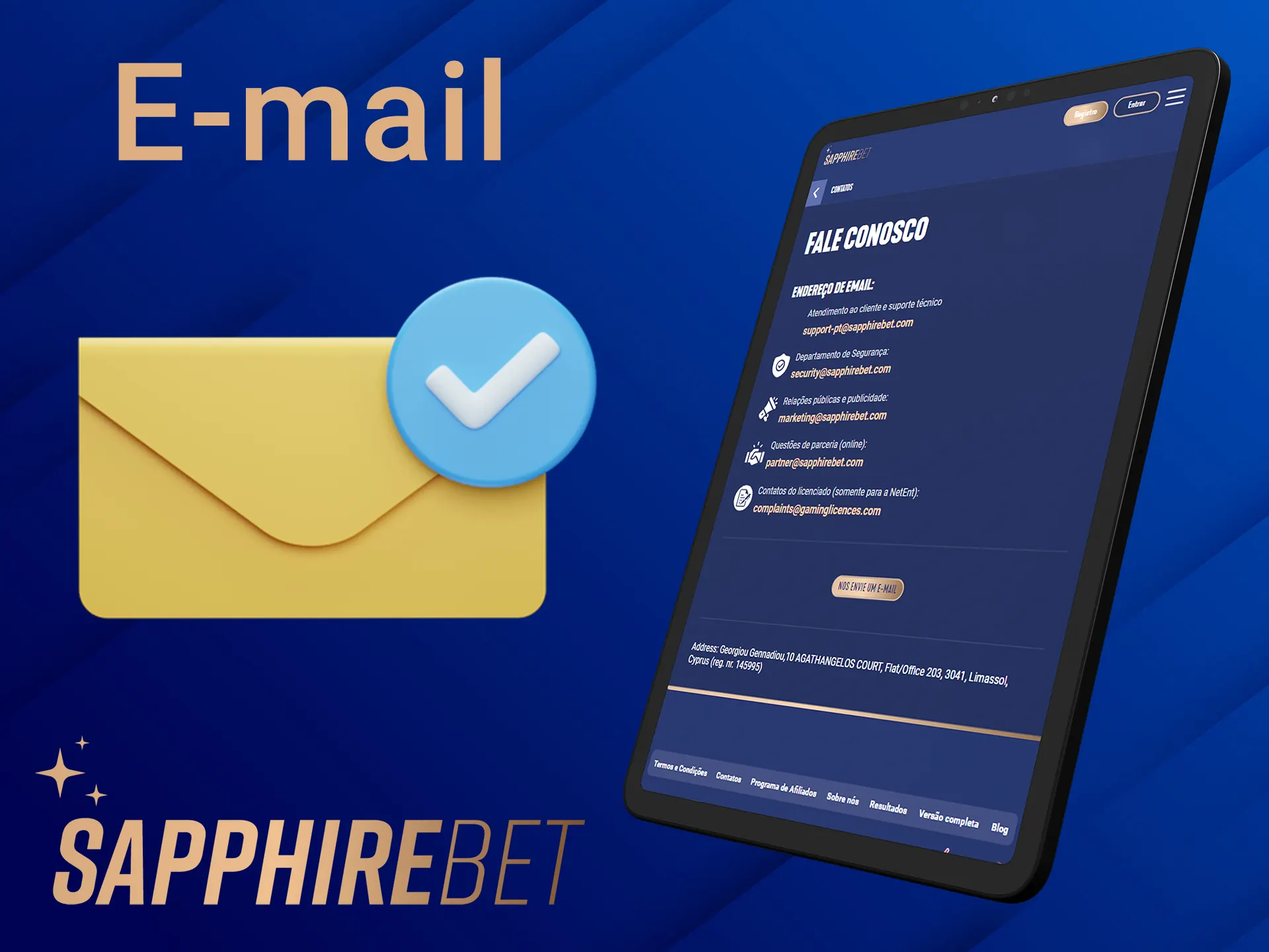 Entre em contato com a equipe da Sapphirebet usando o e-mail.