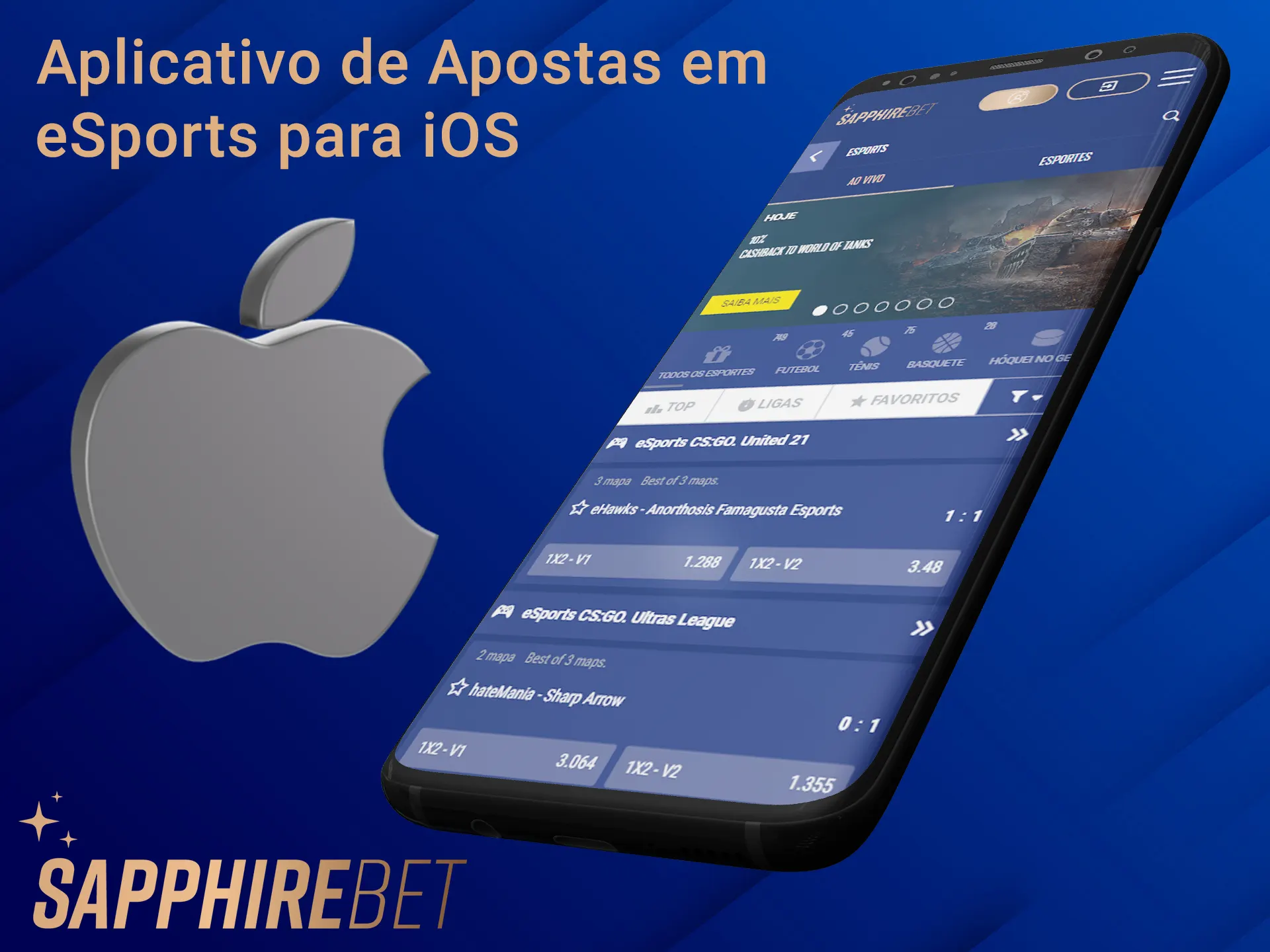 Faça apostas em esportes eletrônicos usando o aplicativo Sapphirebet iOS.
