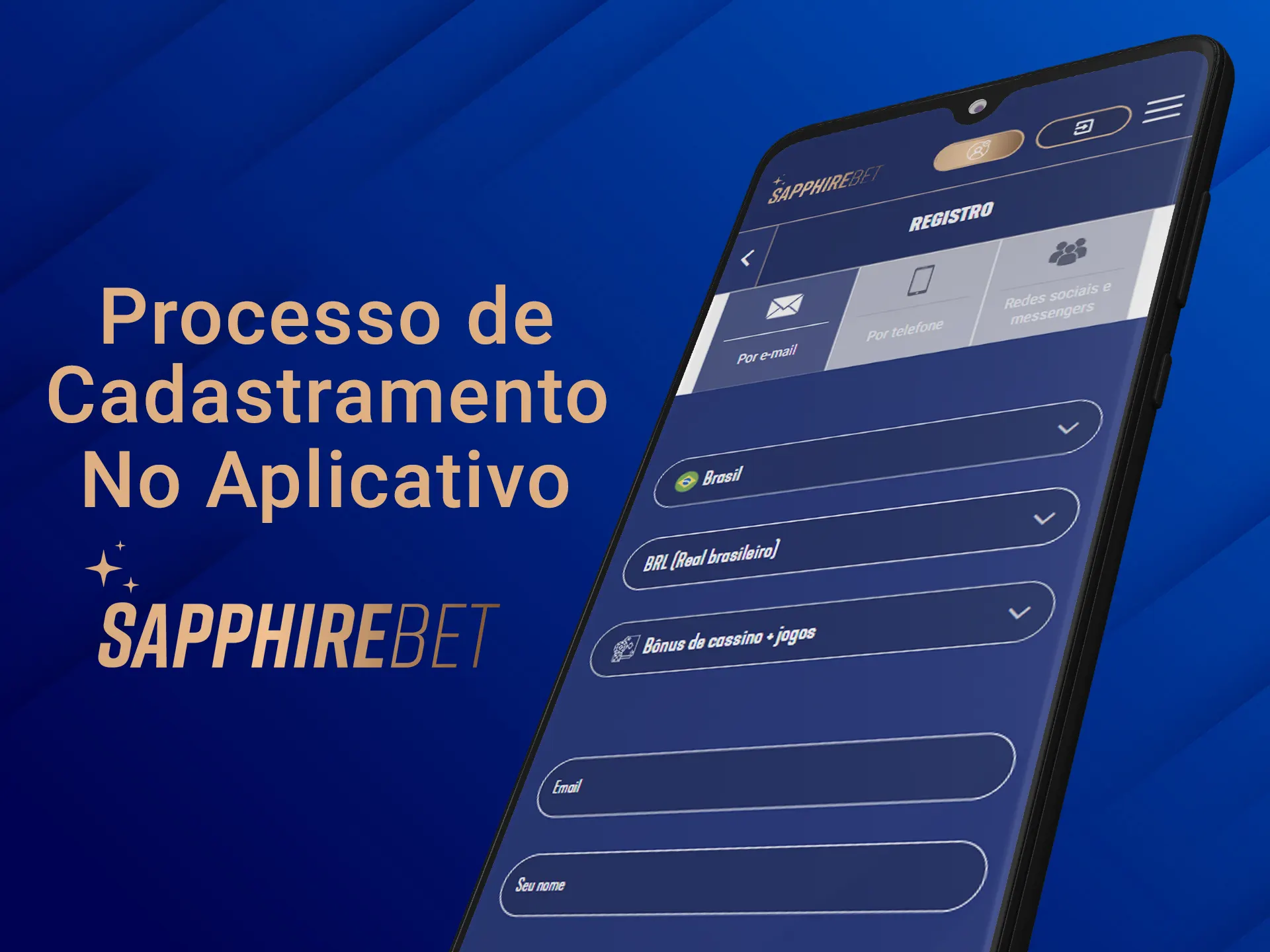 Crie uma nova conta no aplicativo Sapphirebet.
