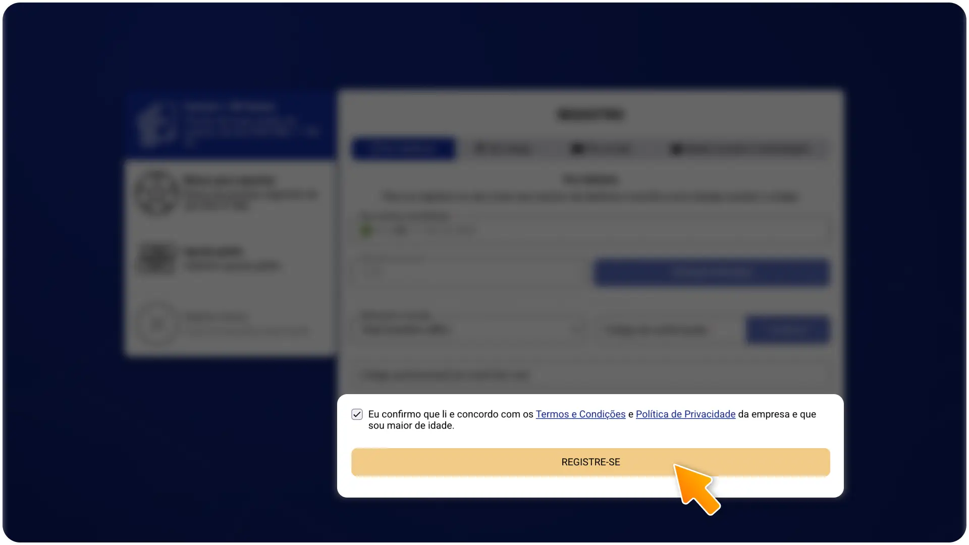 Para completar seu registro na Sapphirebet e começar a jogar confirme sua idade e aceite a política de privacidade.