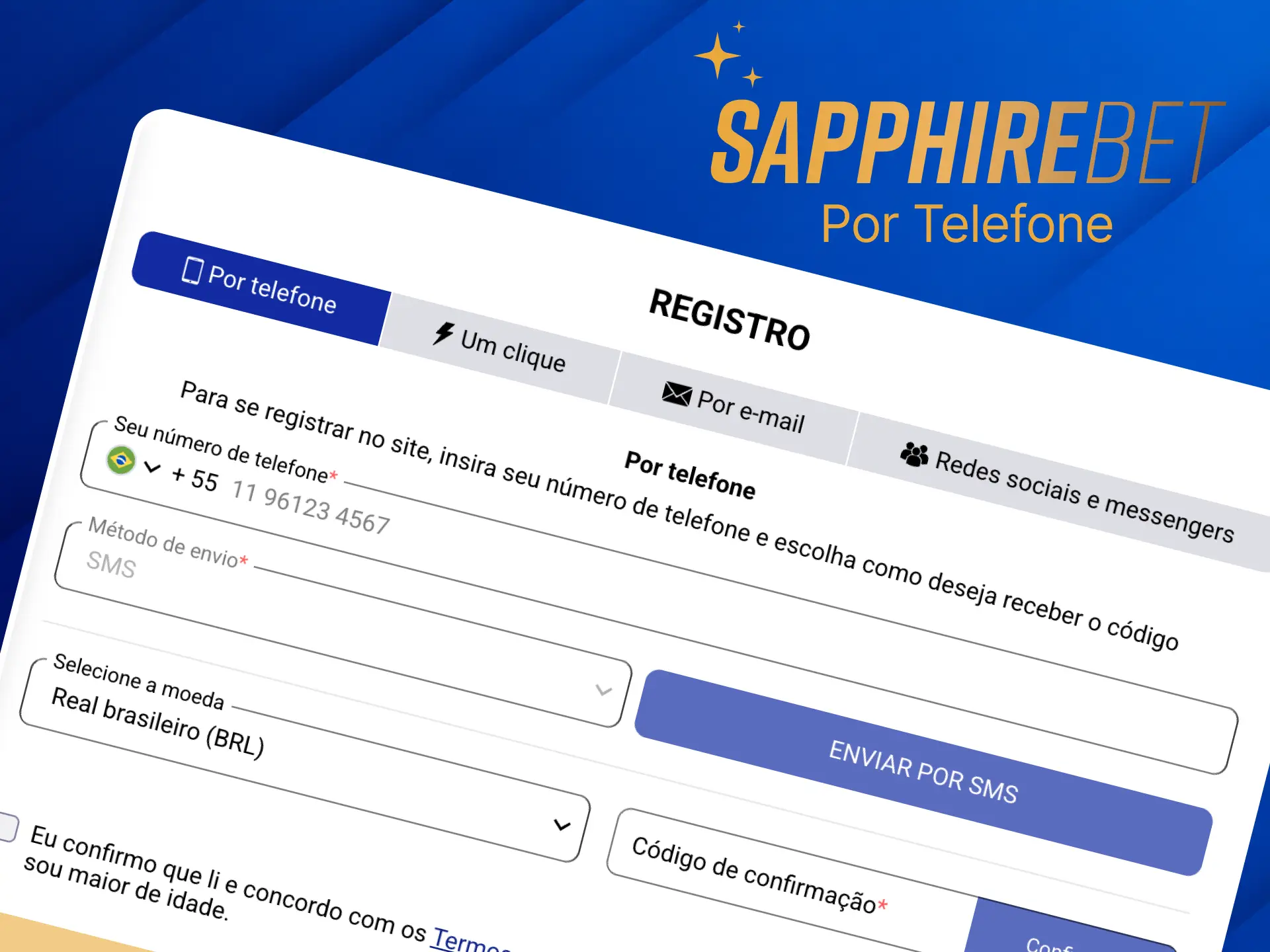 Insira seu número de telefone durante o registro para criar uma nova conta Sapphirebet.