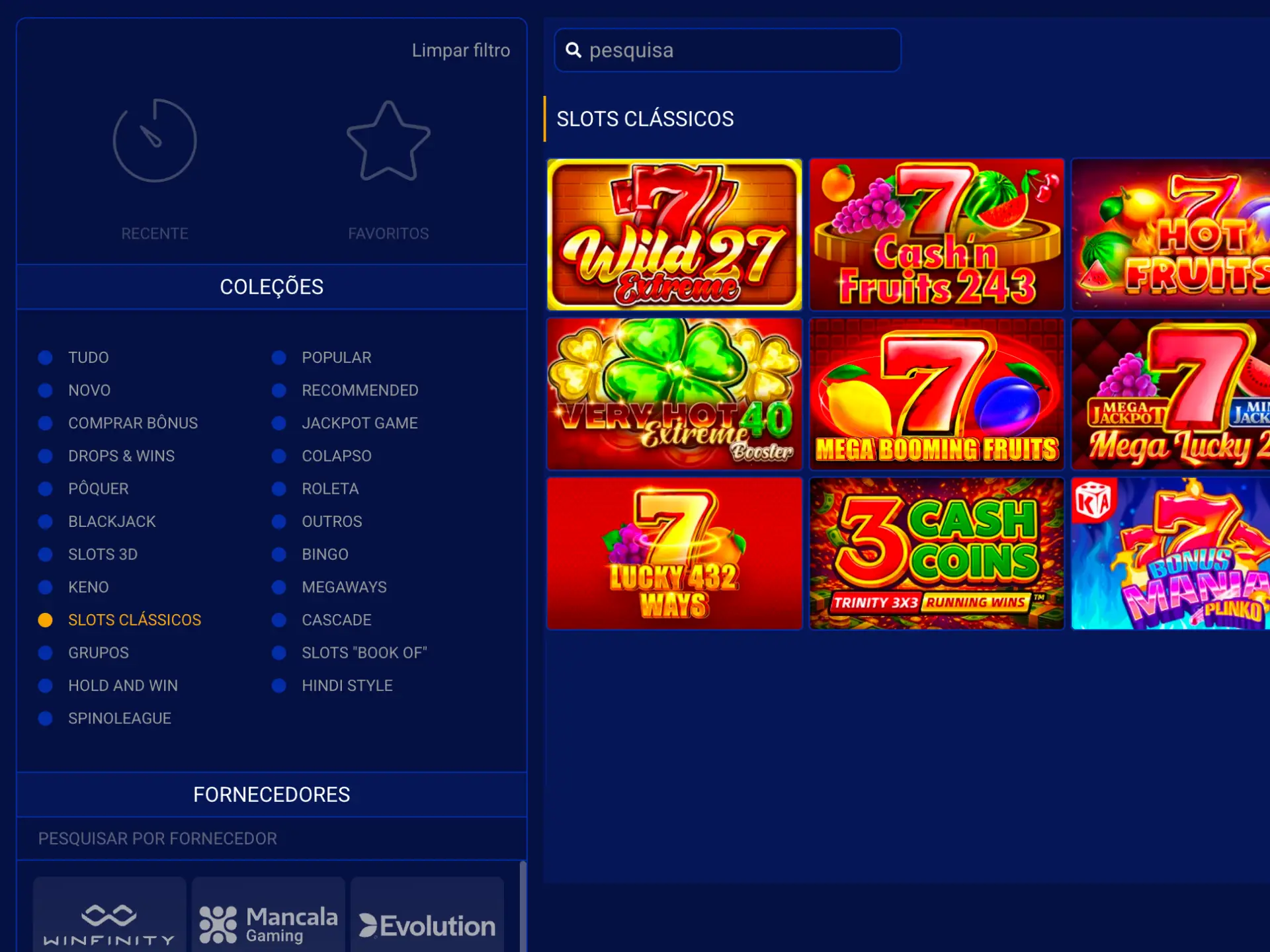Acesso à seção de jogos de caça-níqueis da Sapphirebet.